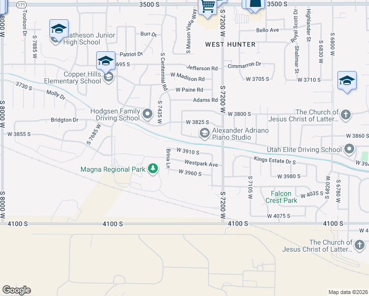 map of restaurants, bars, coffee shops, grocery stores, and more near 7350 Zana Lane in Magna