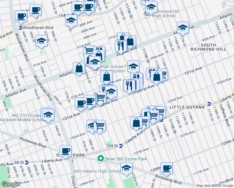 map of restaurants, bars, coffee shops, grocery stores, and more near 97-37 106th Street in Queens