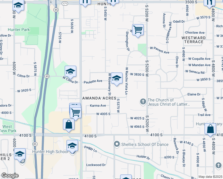 map of restaurants, bars, coffee shops, grocery stores, and more near 3895 West Rosemary Street in West Valley City