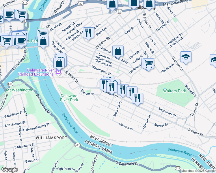 map of restaurants, bars, coffee shops, grocery stores, and more near 33 Sitgreaves Street in Phillipsburg