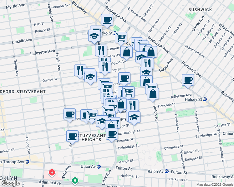 map of restaurants, bars, coffee shops, grocery stores, and more near 697 Madison Street in Brooklyn