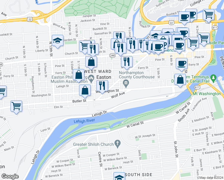 map of restaurants, bars, coffee shops, grocery stores, and more near 753 Washington Street in Easton