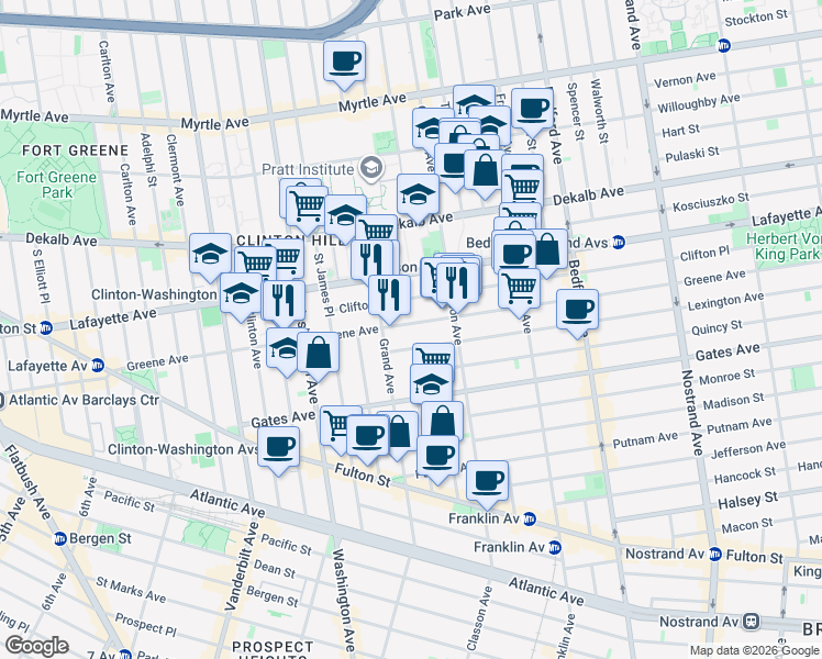 map of restaurants, bars, coffee shops, grocery stores, and more near 240 Greene Avenue in Brooklyn