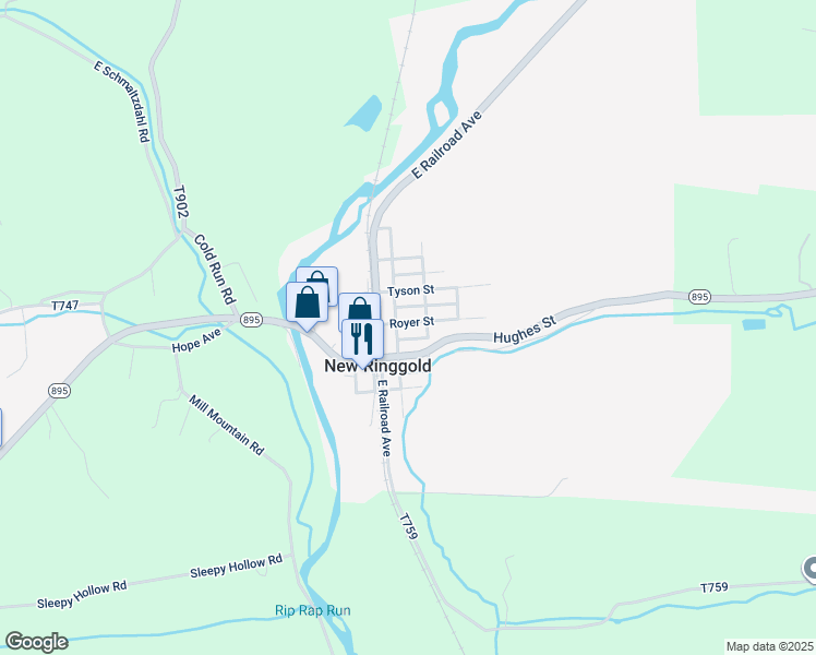 map of restaurants, bars, coffee shops, grocery stores, and more near 108 Royer Street in New Ringgold