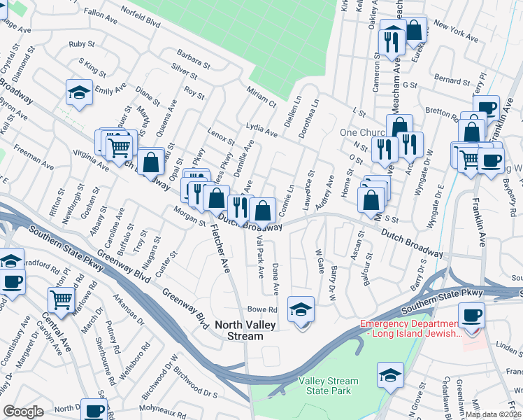 map of restaurants, bars, coffee shops, grocery stores, and more near 764 Lenore Lane in Elmont