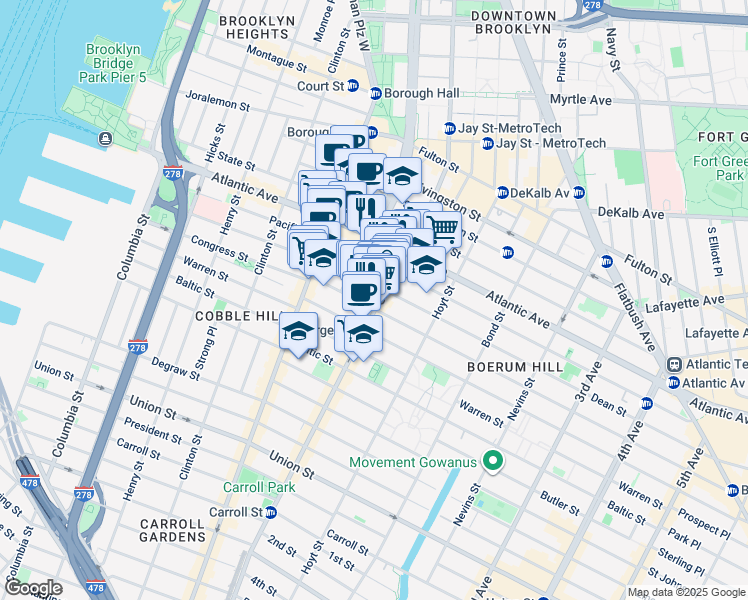 map of restaurants, bars, coffee shops, grocery stores, and more near 66 Dean Street in Brooklyn