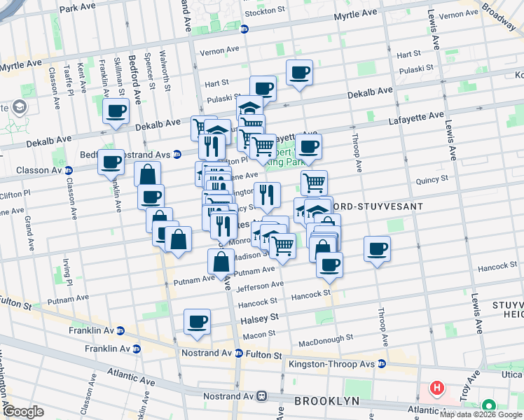 map of restaurants, bars, coffee shops, grocery stores, and more near 326 Quincy Street in Brooklyn