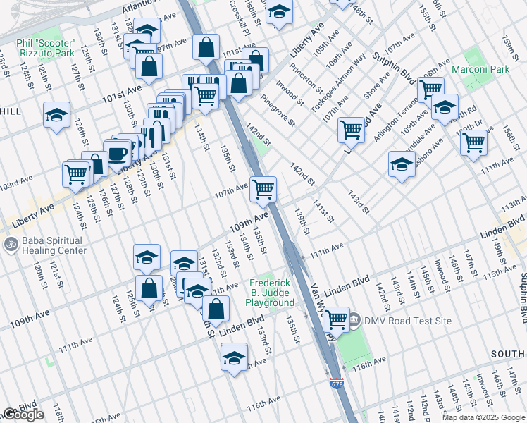 map of restaurants, bars, coffee shops, grocery stores, and more near 107-28 Van Wyck Expressway in Queens