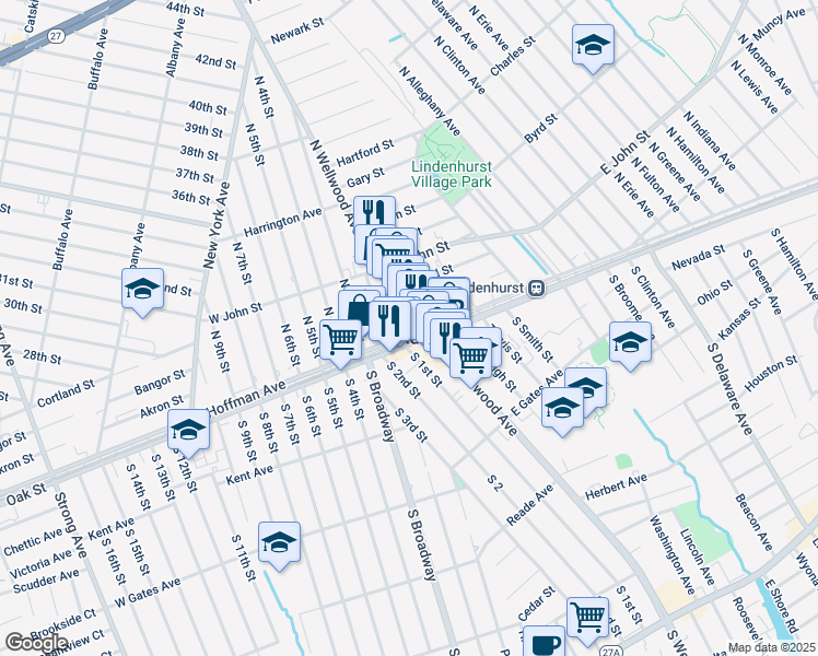 map of restaurants, bars, coffee shops, grocery stores, and more near in Lindenhurst