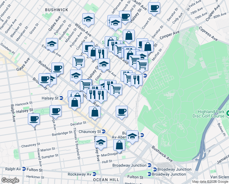map of restaurants, bars, coffee shops, grocery stores, and more near 116 Schaefer Street in Brooklyn