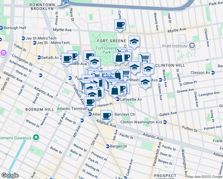 map of restaurants, bars, coffee shops, grocery stores, and more near Fulton Street in Brooklyn