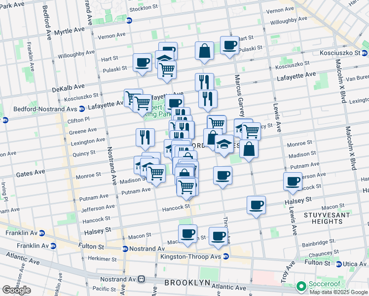 map of restaurants, bars, coffee shops, grocery stores, and more near 416 Quincy Street in Brooklyn