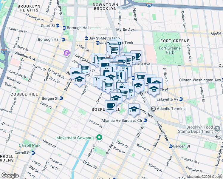 map of restaurants, bars, coffee shops, grocery stores, and more near 383 State Street in Brooklyn