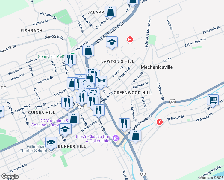 map of restaurants, bars, coffee shops, grocery stores, and more near 404 East Norwegian Street in Pottsville
