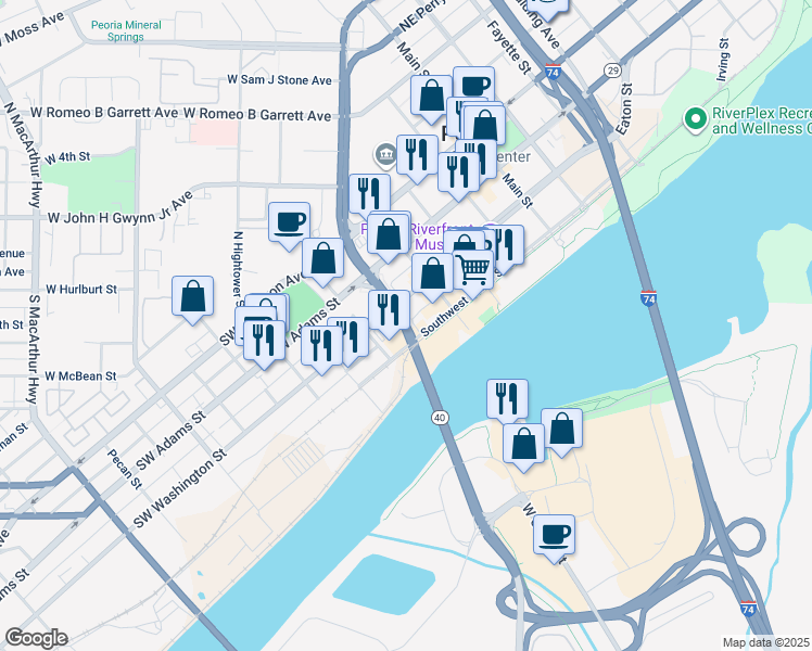 map of restaurants, bars, coffee shops, grocery stores, and more near 112 N William Kumpf Blvd in Peoria