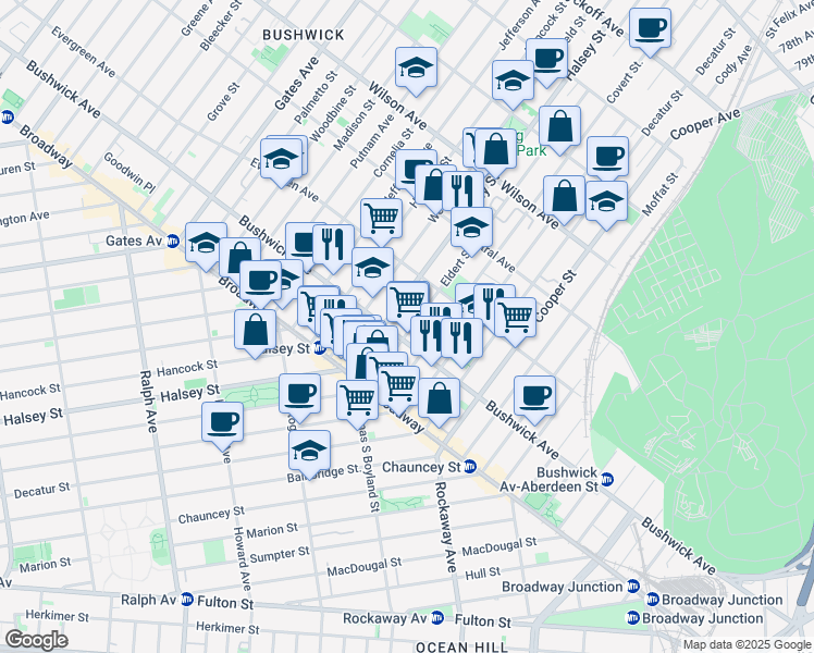 map of restaurants, bars, coffee shops, grocery stores, and more near 89 Eldert Street in Brooklyn