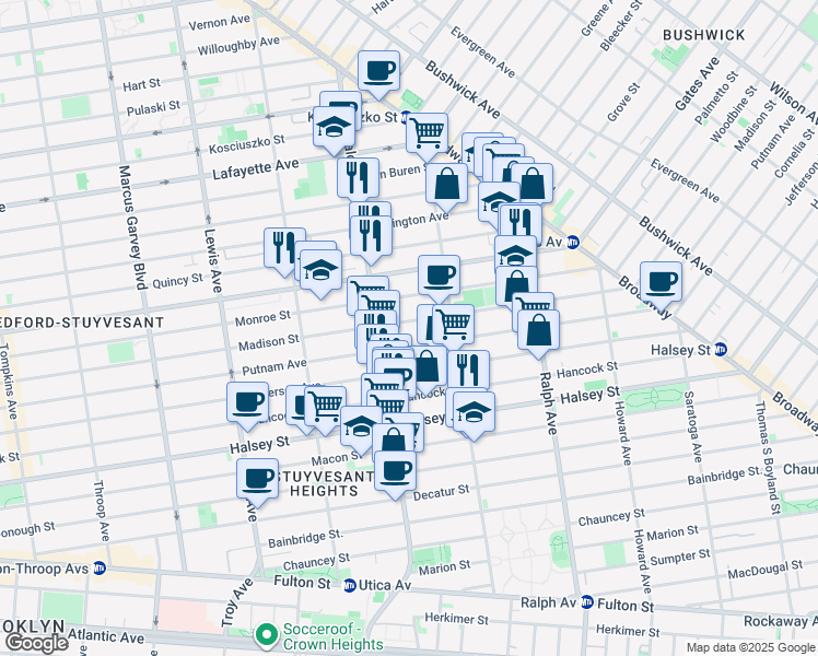 map of restaurants, bars, coffee shops, grocery stores, and more near 697 Madison Street in Brooklyn