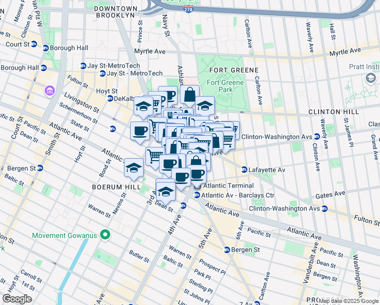 map of restaurants, bars, coffee shops, grocery stores, and more near 280 Ashland Place in Brooklyn