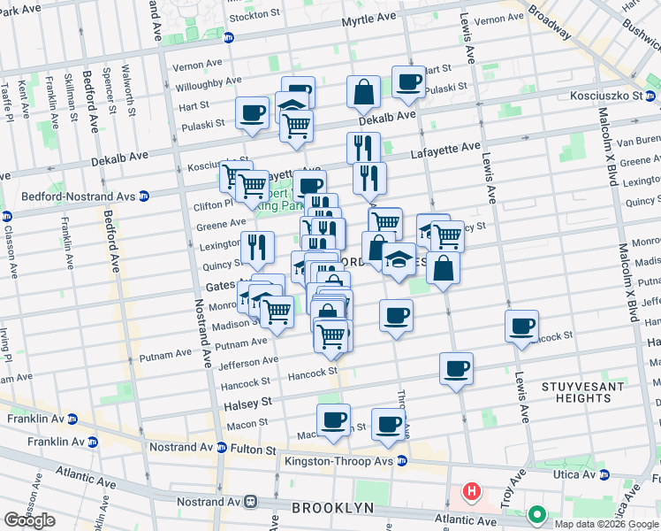 map of restaurants, bars, coffee shops, grocery stores, and more near 416 Quincy Street in Brooklyn