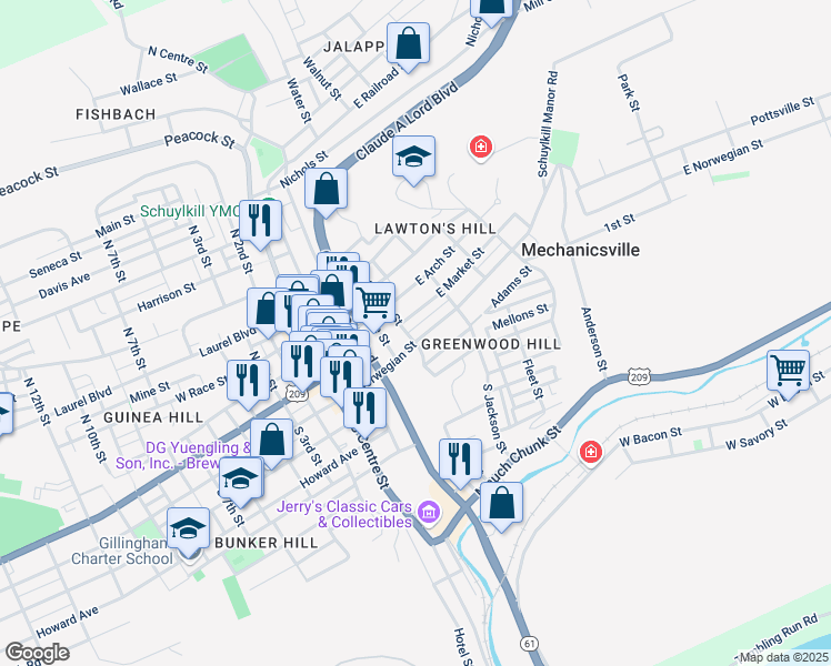 map of restaurants, bars, coffee shops, grocery stores, and more near 404 East Norwegian Street in Pottsville