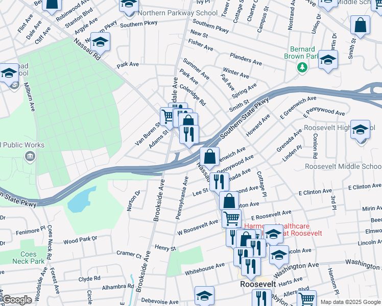 map of restaurants, bars, coffee shops, grocery stores, and more near 977 Nassau Rd in Uniondale