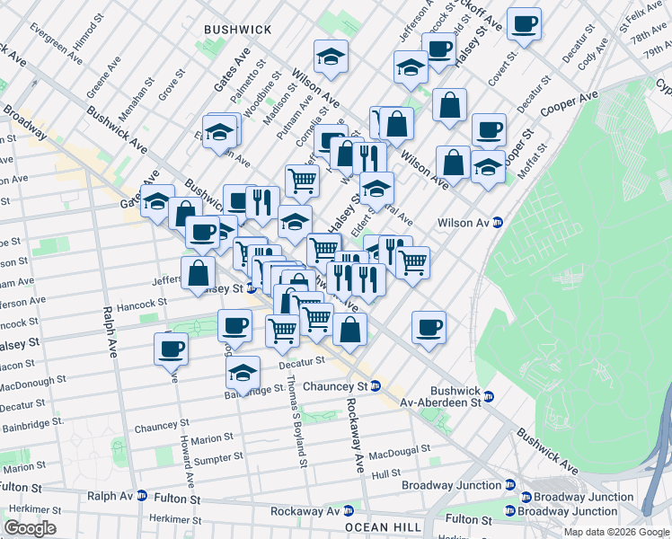 map of restaurants, bars, coffee shops, grocery stores, and more near 89 Eldert Street in Brooklyn