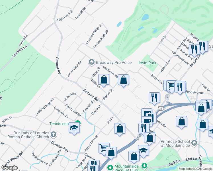 map of restaurants, bars, coffee shops, grocery stores, and more near 325 Linda Drive in Mountainside
