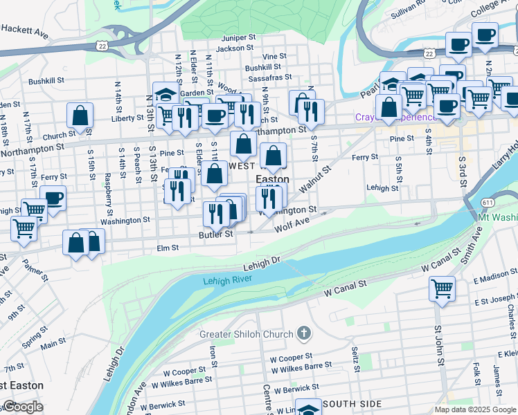 map of restaurants, bars, coffee shops, grocery stores, and more near 936 Lehigh Street in Easton