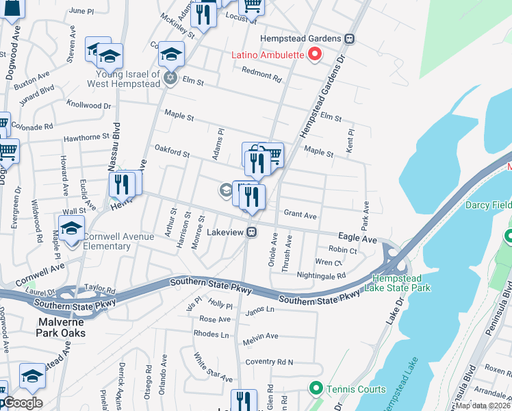 map of restaurants, bars, coffee shops, grocery stores, and more near 637 Woodfield Road in West Hempstead