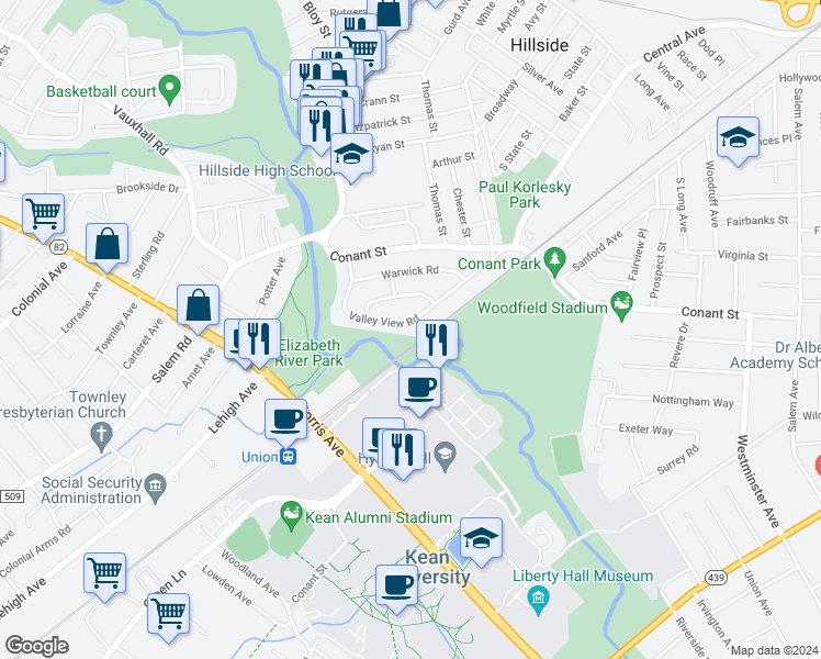map of restaurants, bars, coffee shops, grocery stores, and more near 107 Valley View Road in Hillside