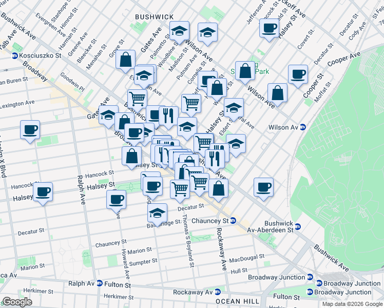 map of restaurants, bars, coffee shops, grocery stores, and more near Bushwick Avenue & Halsey Street in Brooklyn