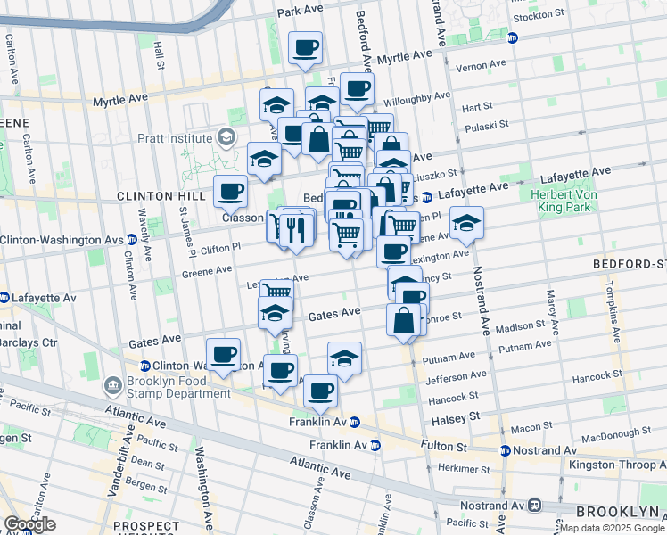map of restaurants, bars, coffee shops, grocery stores, and more near 111 Lexington Avenue in Brooklyn