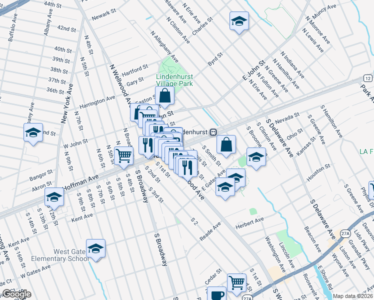 map of restaurants, bars, coffee shops, grocery stores, and more near 100 South Smith Street in Lindenhurst