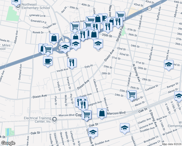 map of restaurants, bars, coffee shops, grocery stores, and more near 320 Caboto Avenue in Copiague