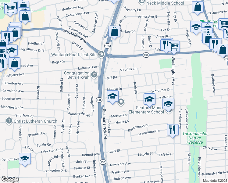 map of restaurants, bars, coffee shops, grocery stores, and more near 3759 Marilyn Drive in Seaford