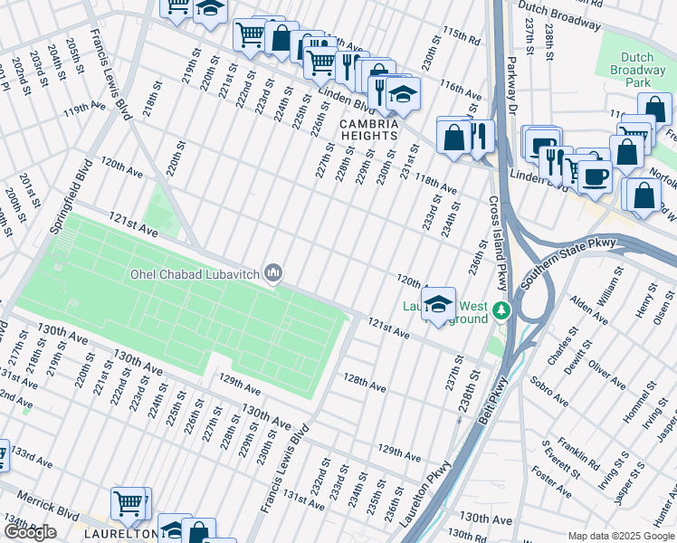 map of restaurants, bars, coffee shops, grocery stores, and more near 120-5 230th Street in Queens