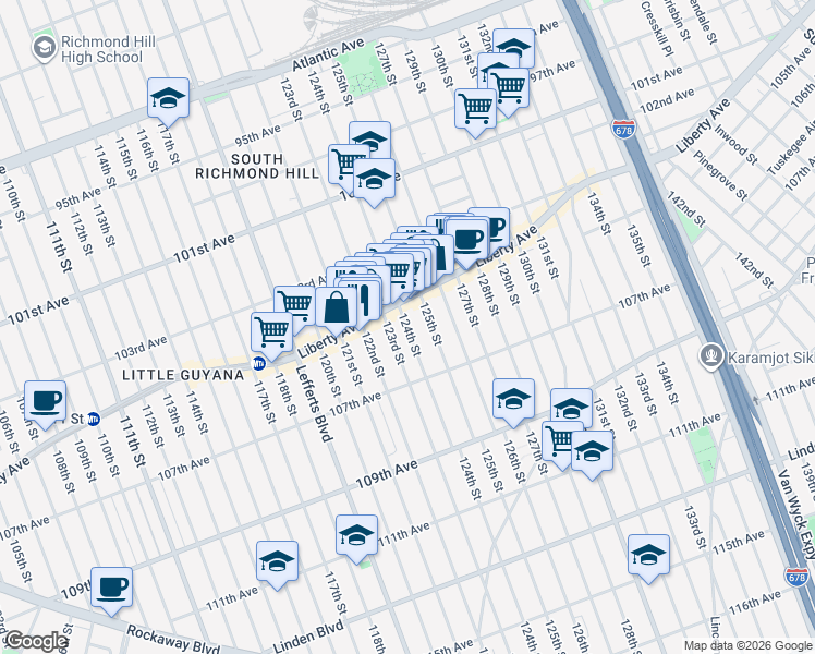 map of restaurants, bars, coffee shops, grocery stores, and more near in Queens