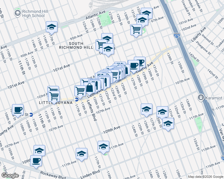 map of restaurants, bars, coffee shops, grocery stores, and more near 123-1 Liberty Avenue in Queens