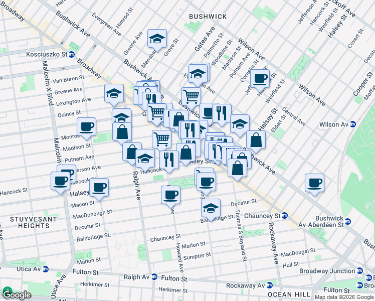 map of restaurants, bars, coffee shops, grocery stores, and more near in Brooklyn