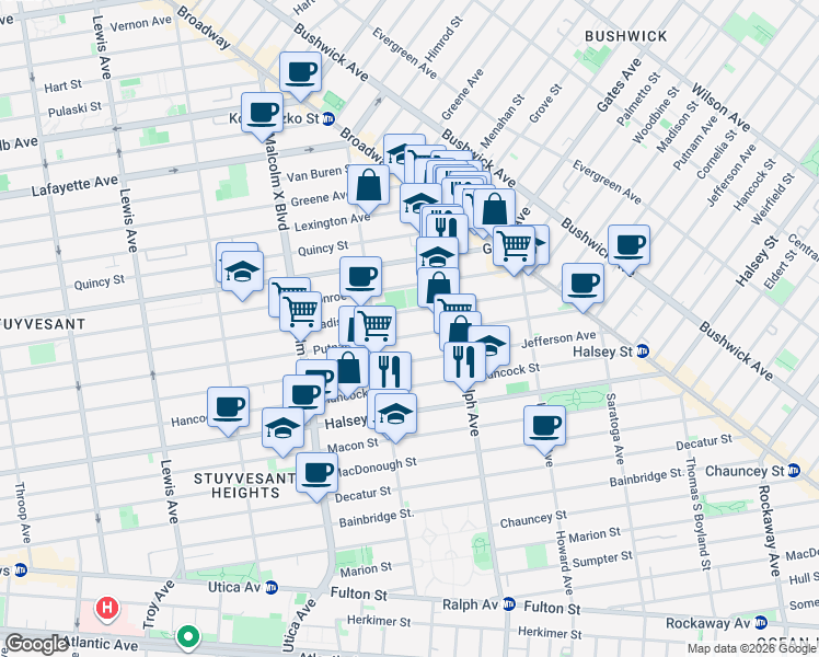 map of restaurants, bars, coffee shops, grocery stores, and more near 792 Madison Street in Brooklyn