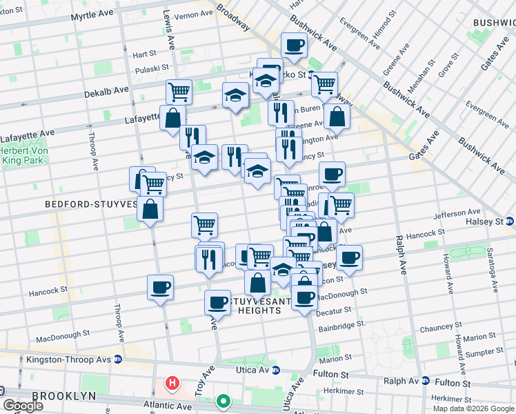 map of restaurants, bars, coffee shops, grocery stores, and more near 626A Monroe Street in Brooklyn