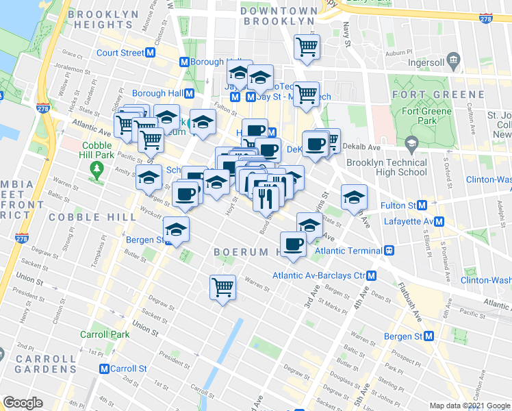 map of restaurants, bars, coffee shops, grocery stores, and more near 367 Atlantic Avenue in Brooklyn