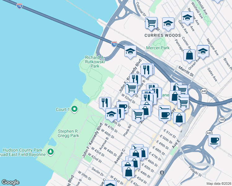 map of restaurants, bars, coffee shops, grocery stores, and more near 1183 John F. Kennedy Boulevard in Bayonne