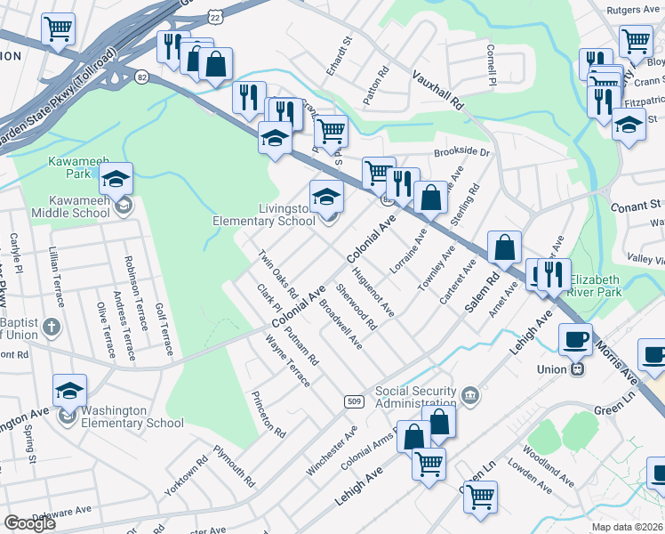 map of restaurants, bars, coffee shops, grocery stores, and more near 14 Euclid Avenue in Union