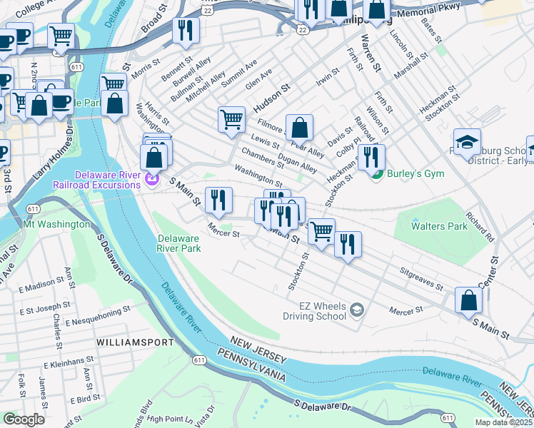 map of restaurants, bars, coffee shops, grocery stores, and more near 33 Sitgreaves Street in Phillipsburg