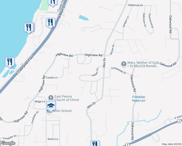 map of restaurants, bars, coffee shops, grocery stores, and more near 121 Indian Circle in East Peoria