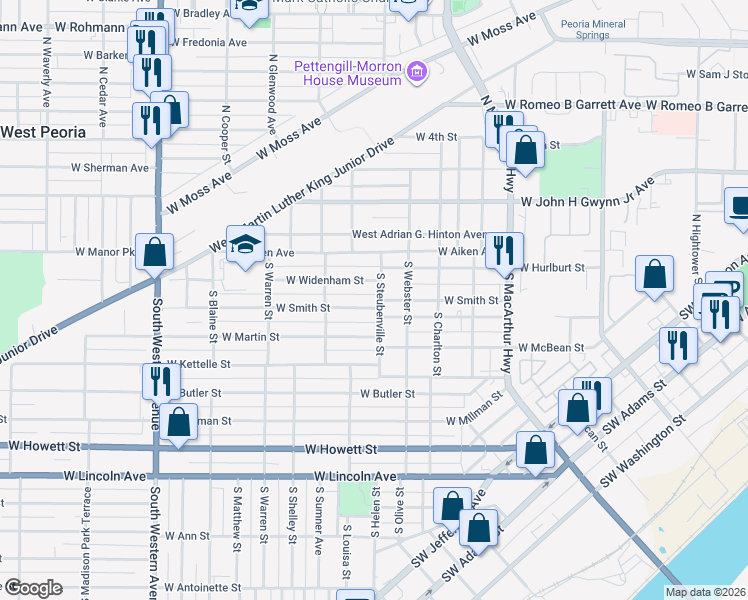 map of restaurants, bars, coffee shops, grocery stores, and more near 126 S Steubenville Ave in Peoria