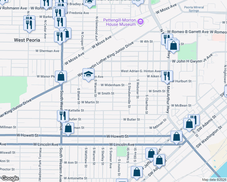 map of restaurants, bars, coffee shops, grocery stores, and more near 200 South DuSable Street in Peoria