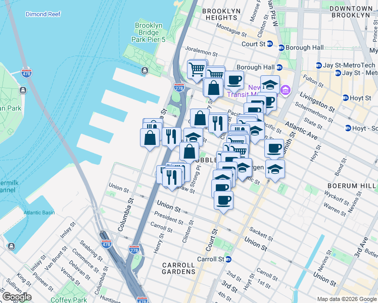 map of restaurants, bars, coffee shops, grocery stores, and more near 412 Henry Street in Brooklyn