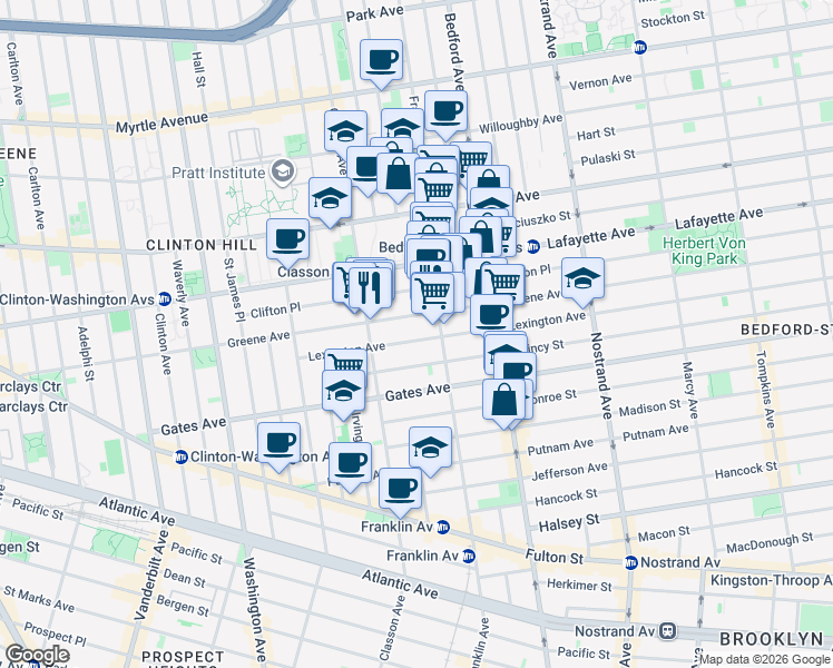 map of restaurants, bars, coffee shops, grocery stores, and more near 111 Lexington Avenue in Brooklyn